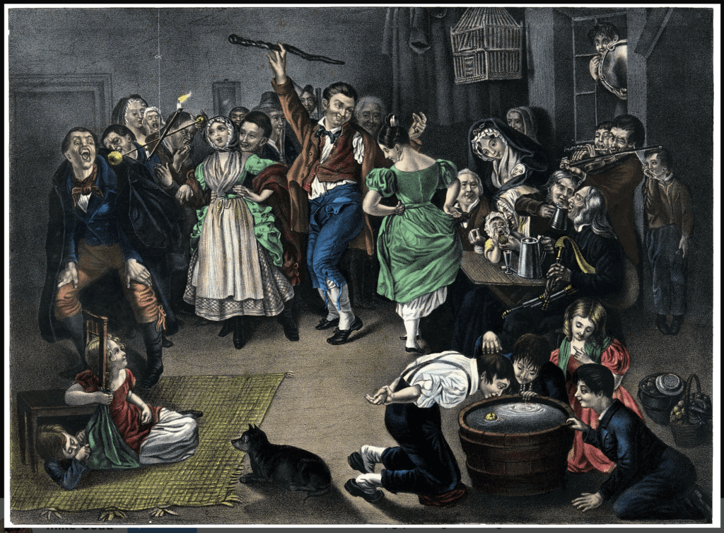 Snap-Apple Night de Daniel Maclise prezentând o petrecere de Halloween în Blarney, Irlanda, în 1832